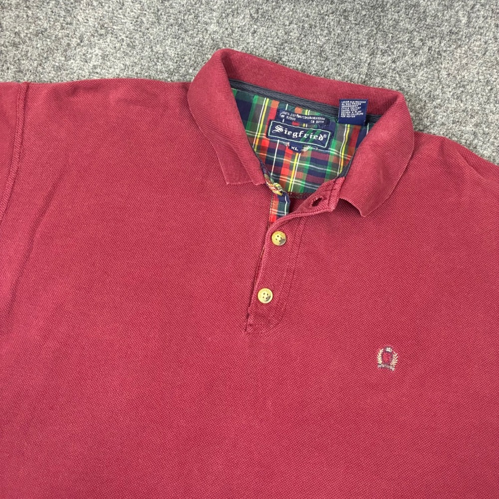 Siegfried Men XL Burgundy Pique Polo Shirt Plaid Trim Short Sleeve vintage 90's